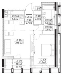 Двухкомнатная квартира 56.5 м²